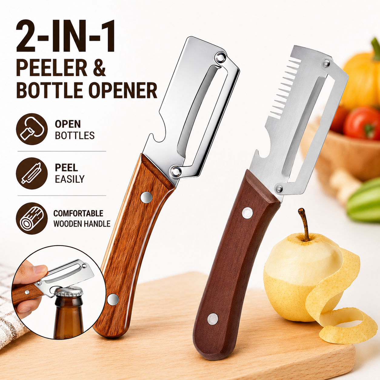 2-in-1 Stainless Steel Peeler & Shredder Set with Wooden Handle⭐⭐
